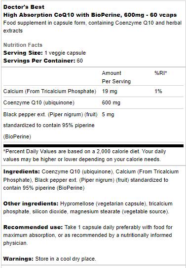 Το καλύτερο CoQ10 με Bioperine 600 mg - 60 κάψουλες