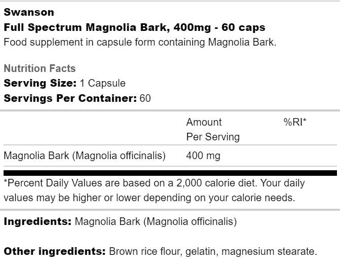Πλήρες φάσμα Magnolia φλοιό 400 mg 60 κάψουλες