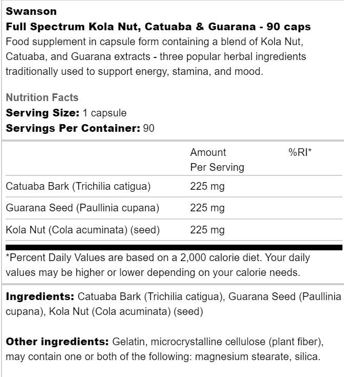 Πλήρες φάσμα Kola Nut, Catuaba και Guarana 90 κάψουλες
