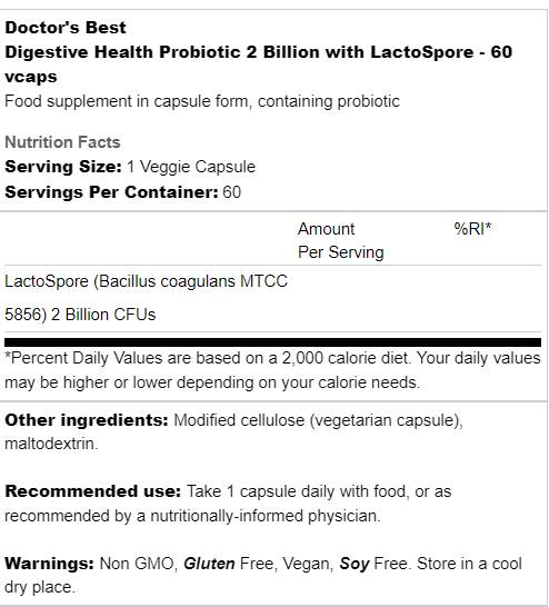 Pubiotic Health Probiotic | 2 δισεκατομμύρια με Lactospore - 60 κάψουλες