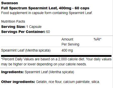 Πλήρες φάσμα φύλλου πλάσματος Spearmint 400 mg 60 κάψουλες