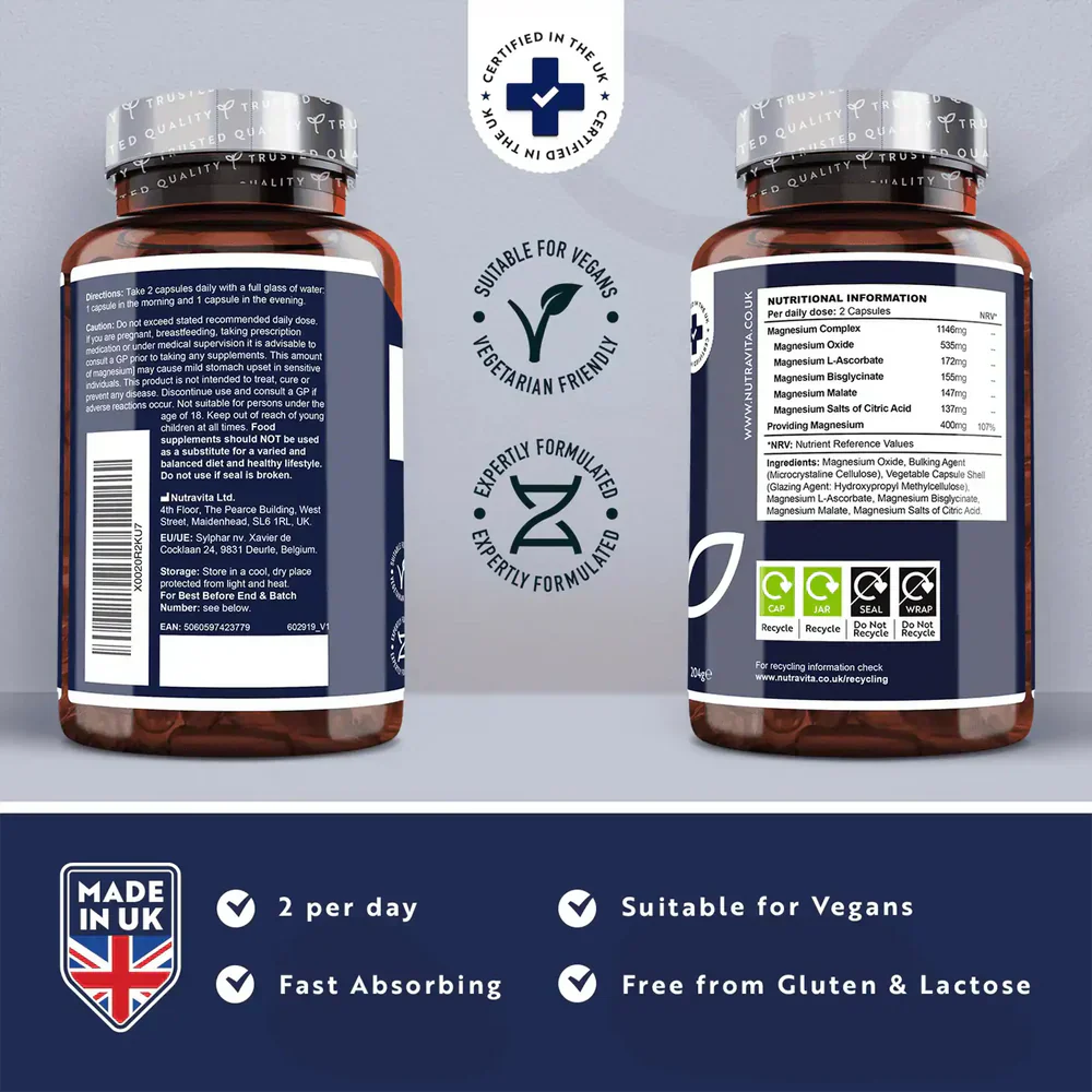 Magnesium Complex – 240 κάψουλες με υψηλή συγκέντρωση – Vegan – Nutravita