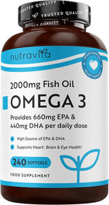Ωμέγα 3 2000 mg /EPA 660 mg, DHA 440 mg/ Καθαρό ιχθυέλαιο /240 κάψουλες, 120 δόσεις/ <tc>Nutravita</tc>