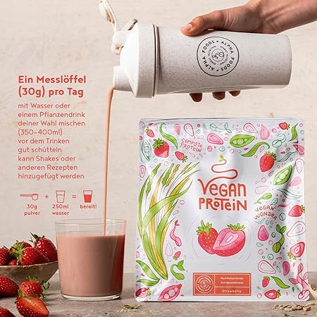 Φράουλα σε σκόνη πρωτεΐνης Vegan - 600 g που κατασκευάστηκαν στη Γερμανία - Alpha Foods