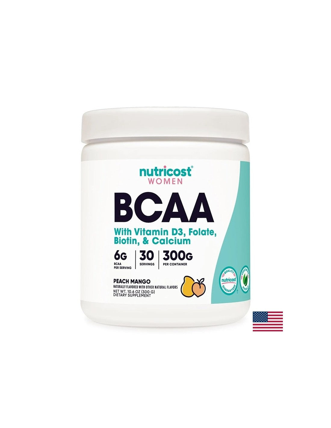 Διακλαδισμένη αλυσίδα αμινοξέα BCAA + βιταμίνη D3, φολικό οξύ, βιοτίνη, ασβέστιο (για γυναίκες), σκόνη 300 g με γεύση μάνγκο