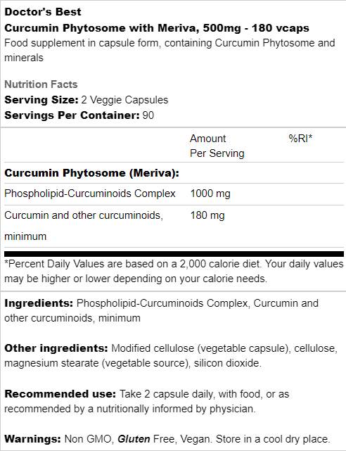 Καλύτερη κουρκουμίνη Φυτόδινο 500 mg/με Meriva - 180 κάψουλες