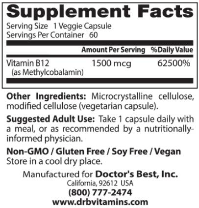 Καλύτερα πλήρως ενεργό B12/Methylcobalamin 1500 MCG - 60 κάψουλες