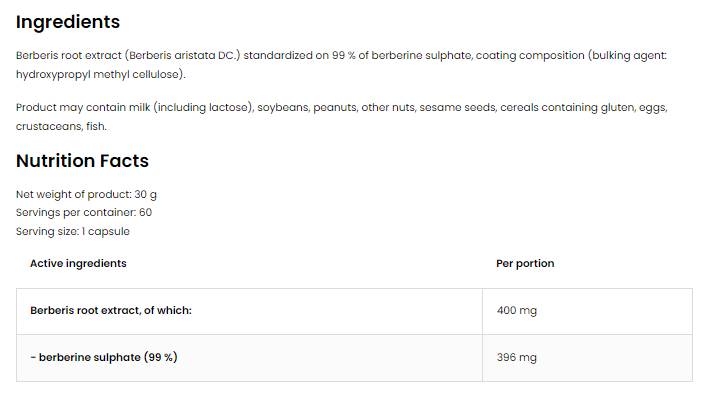 Θειικό Berberine 396 mg | 99% εκχύλισμα ρίζας Berberis 60 κάψουλες