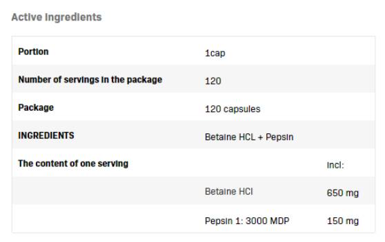 Betaine HCl 650 mg + pepsin - 120 κάψουλες