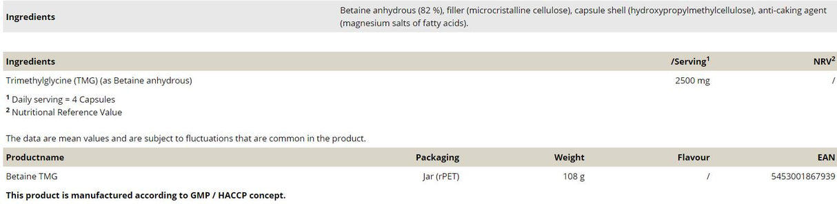 Betaine TMG 750 mg - 120 κάψουλες