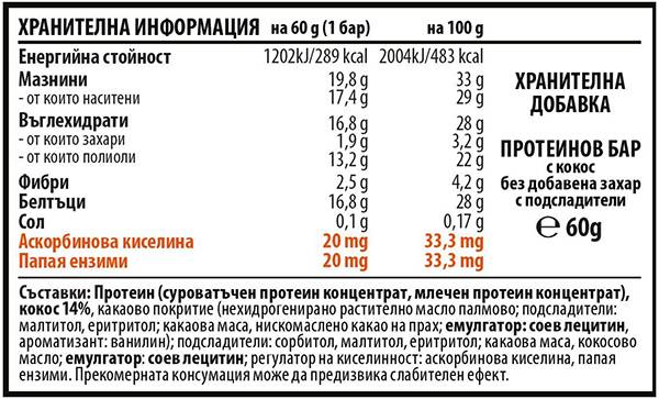 Brownmag Vit C και Papaya εμπλουτισμένη πρωτεϊνική ράβδος - καρύδα - 60 γραμμάρια
