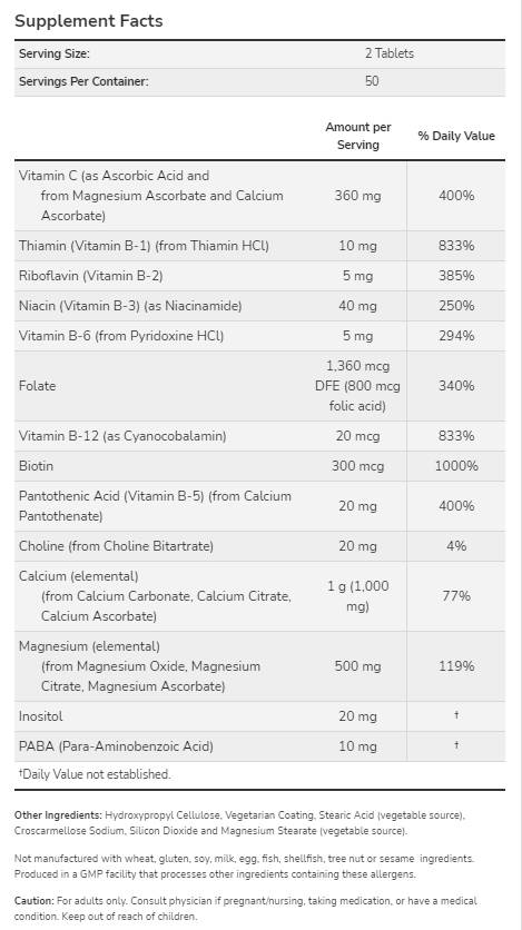 Cal-Mag με σύμπλεγμα Β & Βιταμίνη C | Φόρμουλα για το Στρες - 100 Δισκία