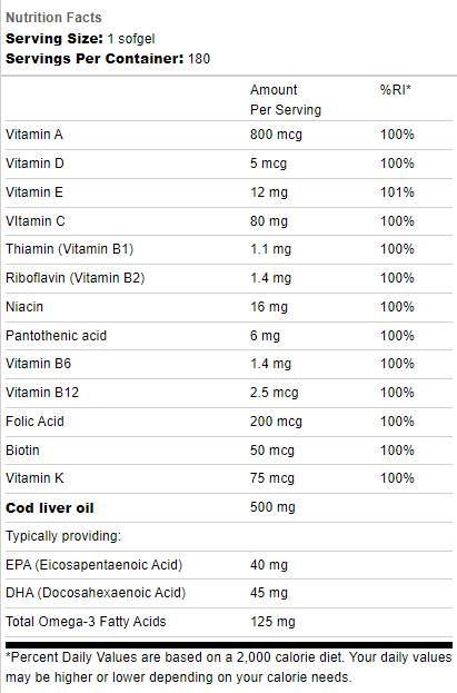 Μουρουνέλαιο 500mg | Με Multi Vitamins - 180 κάψουλες Gel