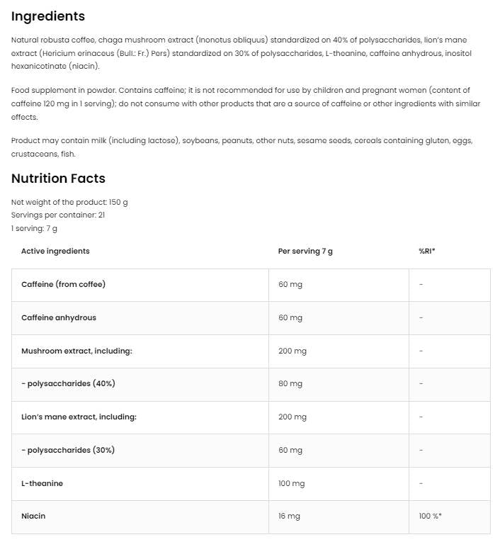 Καφές με μανιτάρι | Φυσικό robusta με Chaga, Lion's Mane, Caffeine και L-Theanine 150 γραμμάρια