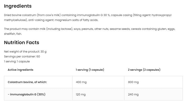 Colostrum Bovine 400 mg | Κάψουλες 30% Immunoglobulin G 60