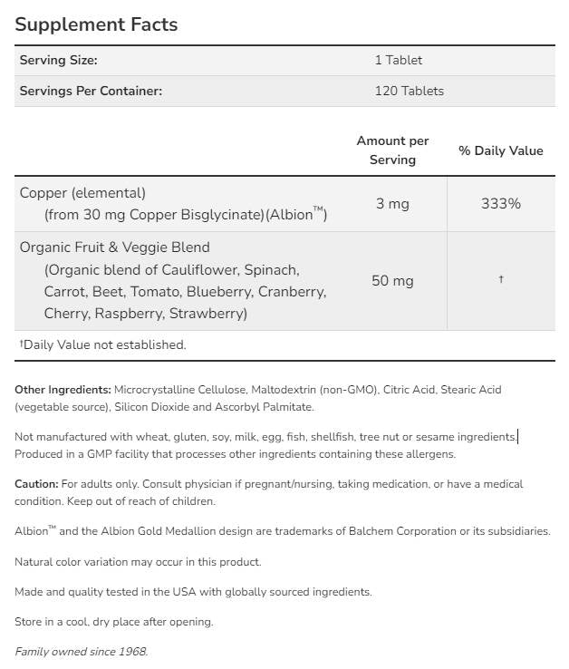 Γλυκινικό χαλκό 3 mg | Albion ™ Copper Bisglycinate - 120 δισκία