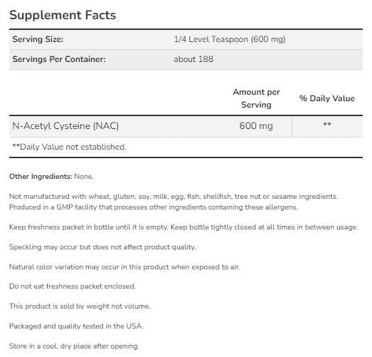NAC Pure Powder | Ν-ακετυλο-κυστεΐνη [113 γραμμάρια, 188 μερίδες]