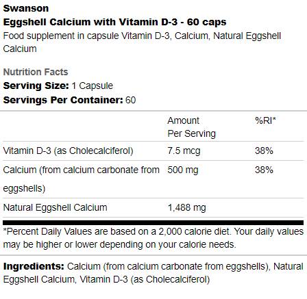 Eggshell Calcium with Vitamin D-3 60 κάψουλες