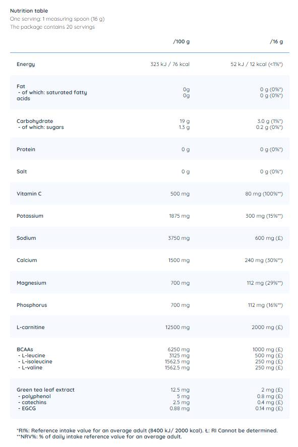 Σκόνη ηλεκτρολύτη | Με BCAA, L -Carnitine & Green Tea - 320 γραμμάρια