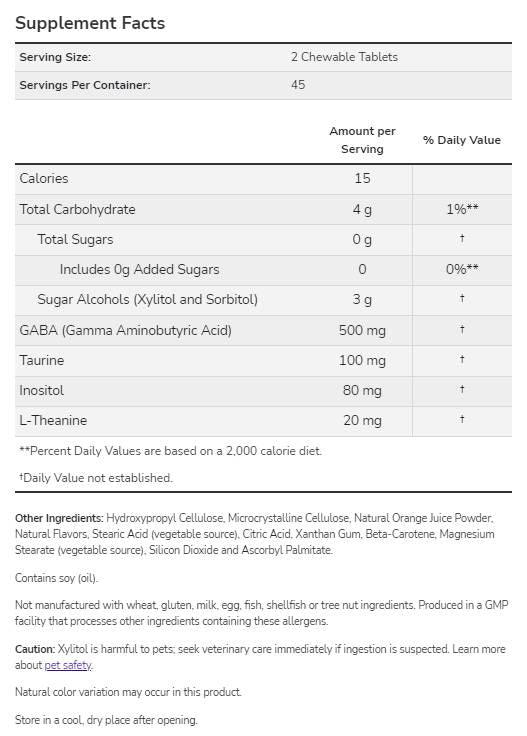 GABA Chewable | Με ταυρίνη, Inositol & Theanine - 90 μασώμενα δισκία