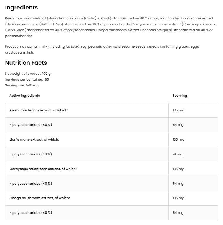 Quatro Μανιτάρι Μανιτάρι σκόνη | Mane ~ reishi ~ cordyceps ~ chaga 100 γραμμάρια