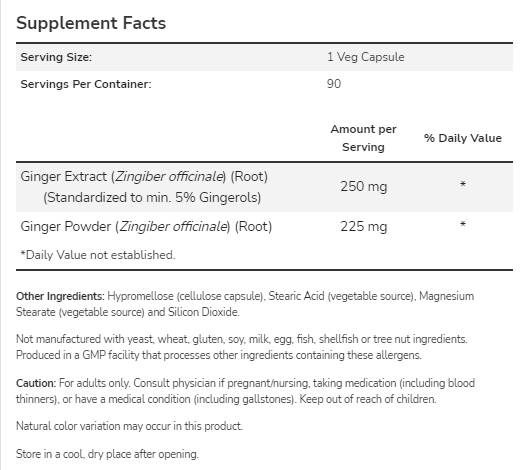 Εκχύλισμα ρίζας τζίντζερ 250 mg - 90 κάψουλες
