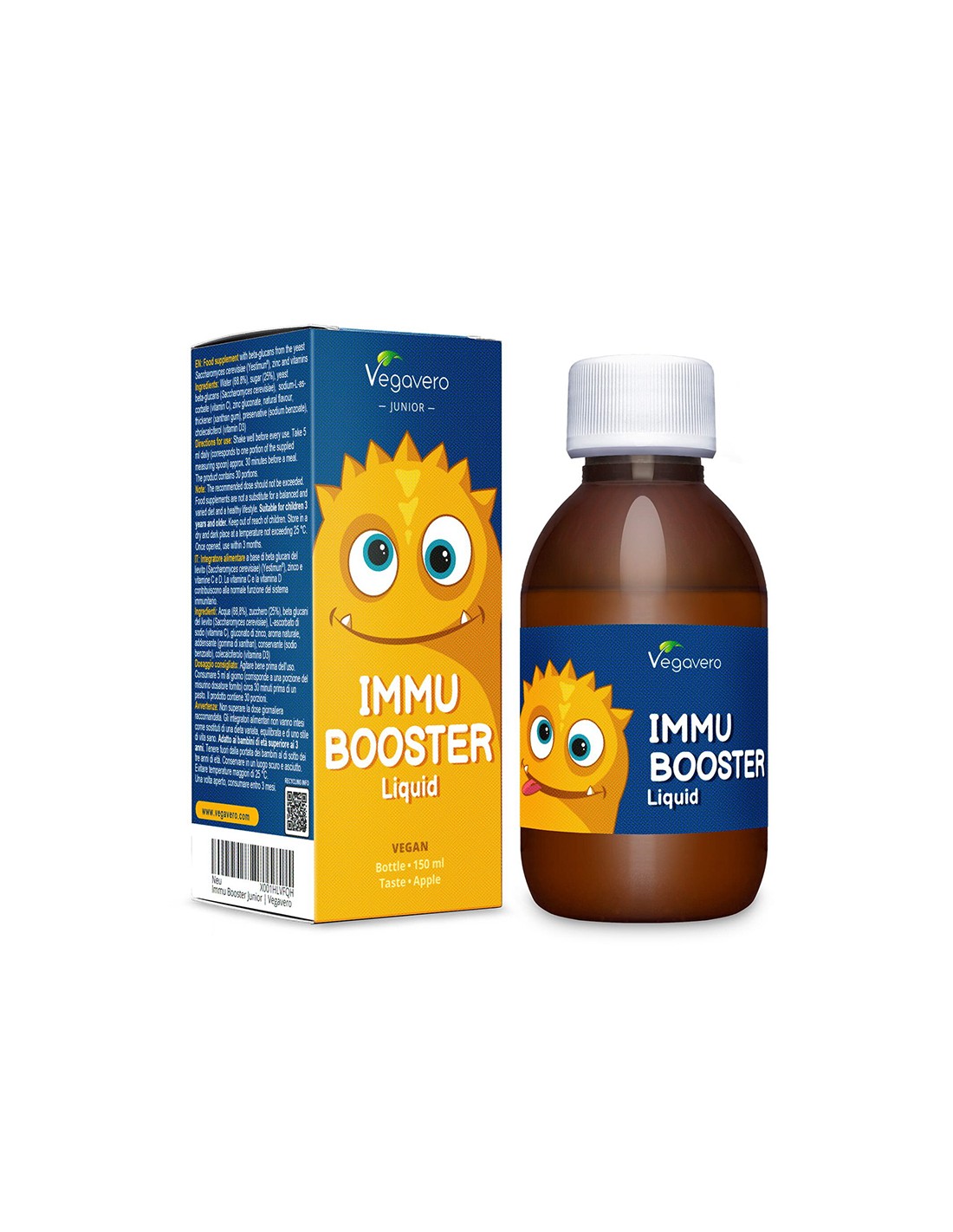 Immu Booster Liquid - Ανοσοποιητικό αναμνηστικό σιρόπι για παιδιά με βήτα γλυκάνες, ψευδάργυρο + βιταμίνη C και D3, 150 ml, γεύση μήλου