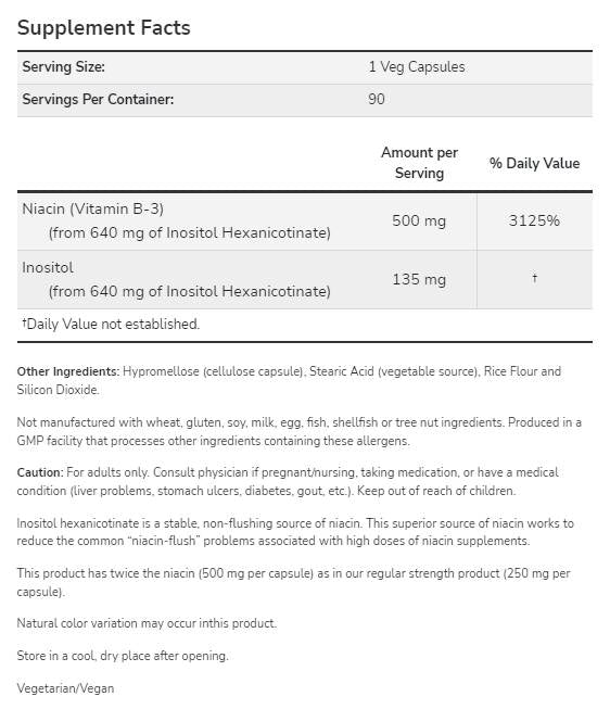 NIACIN 500 mg Διπλή δύναμη - 180 κάψουλες