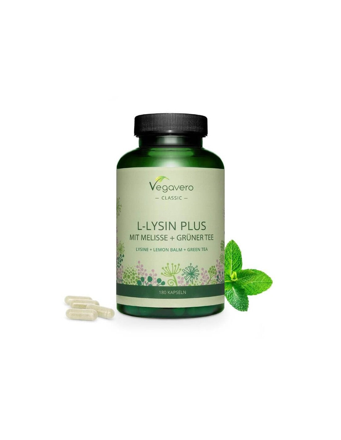 L-lysin plus mit melisse + grünter tee/ L-lysin + βάλσαμο λεμονιού και πράσινο τσάι, 180 κάψουλες, 100% Vegan <tc>Vegavero</tc>