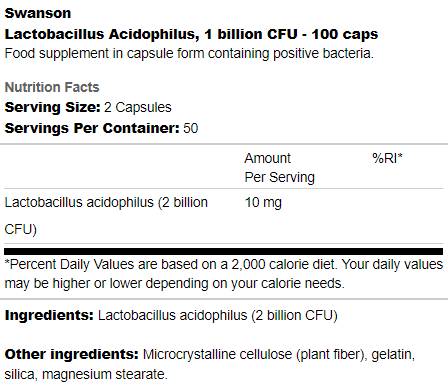 Lactobacillus Acidophilus 1 δισεκατομμύριο κάψουλες CFU 100