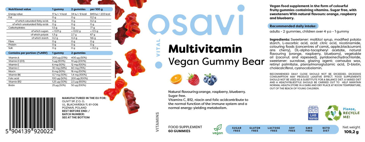 Multivitamin Vegan Gummy Bear | Πορτοκαλί, βατόμουρο, βατόμουρο - 60 κολλώδη καραμέλες