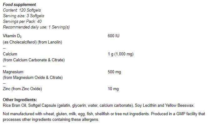 Softgels ασβέστιο & μαγνήσιο/με Vit D και ψευδάργυρο - 120 κάψουλες πηκτής