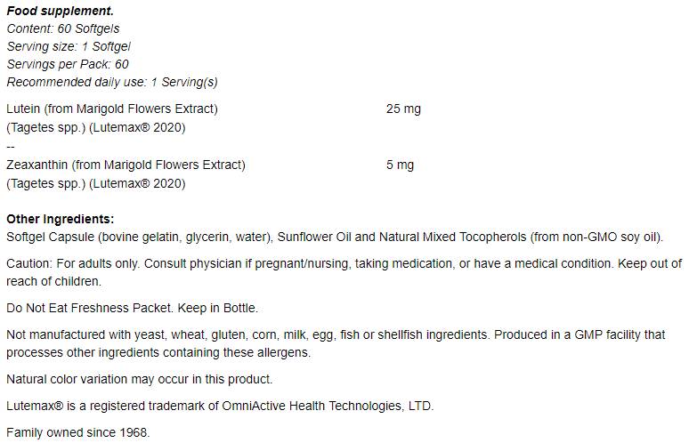 Lutein & Zeaxanthin - 60 κάψουλες πηκτής