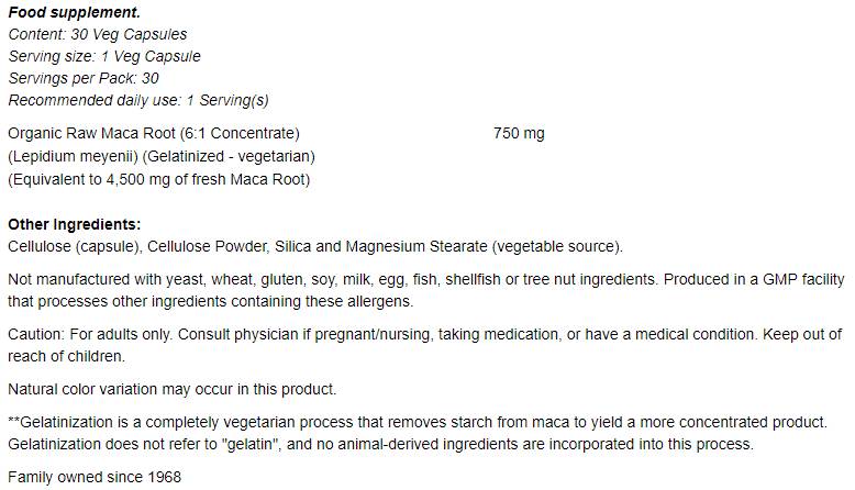 Ακατέργαστο Maca 6: 1 συμπύκνωμα 750 mg - 30 κάψουλες
