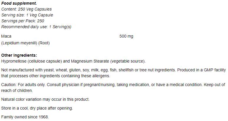 Maca 500 mg - 250 κάψουλες