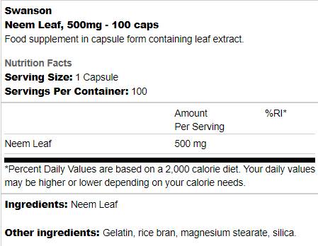 Neem Leaf 500 mg 100 κάψουλες