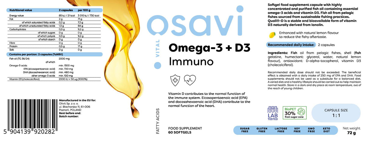 Ωμέγα -3 + D3 Immuno - 60 κάψουλες πηκτής