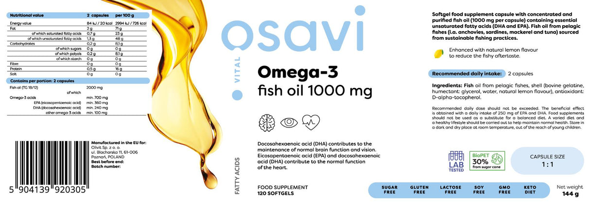 Ωμέγα 3 ιχθυέλαιο 1000 mg/γεύση λεμονιού - 120 κάψουλες πηκτής