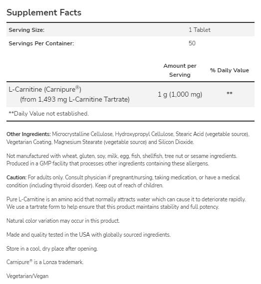 L-καρνιτίνη 1000 mg | Carnipure® - 50 δισκία
