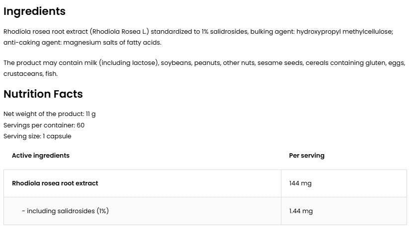 Rhodiola rosea 144 mg | Vege - 60 κάψουλες