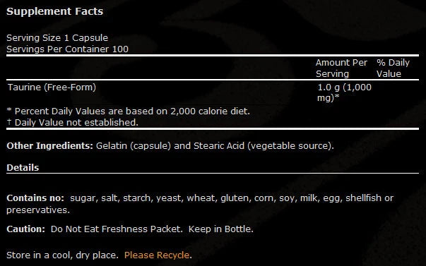Ταυρίνη 1000 mg/Διπλής ισχύος - 100 κάψουλες