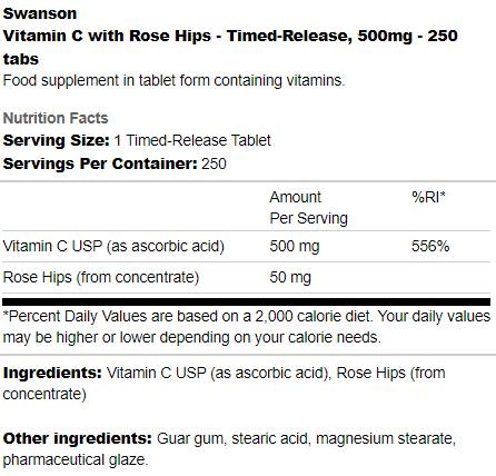 Βιταμίνη C χρονισμένης αποδέσμευσης 500 mg | Με Rose Hips 250 Tablets