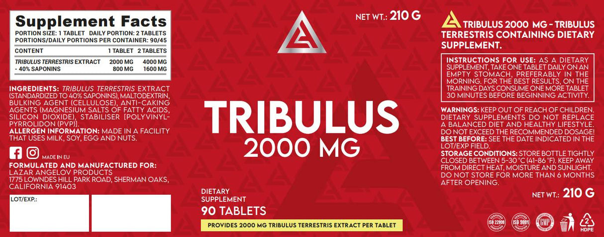 Tribulus 2000 mg | Εκχύλισμα Mega Dose Tribulus Terrestris - 90 Δισκία