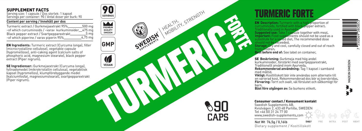 Turmeric Forte 500 mg | 95% εκχύλισμα κουρκουμίνης με μαύρο πιπέρι - 90 κάψουλες