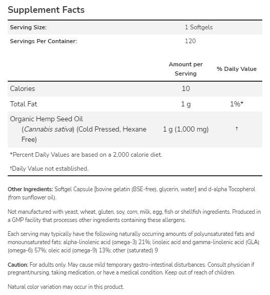Λάδι σπόρου κάνναβης 1000 mg - 120 softgels