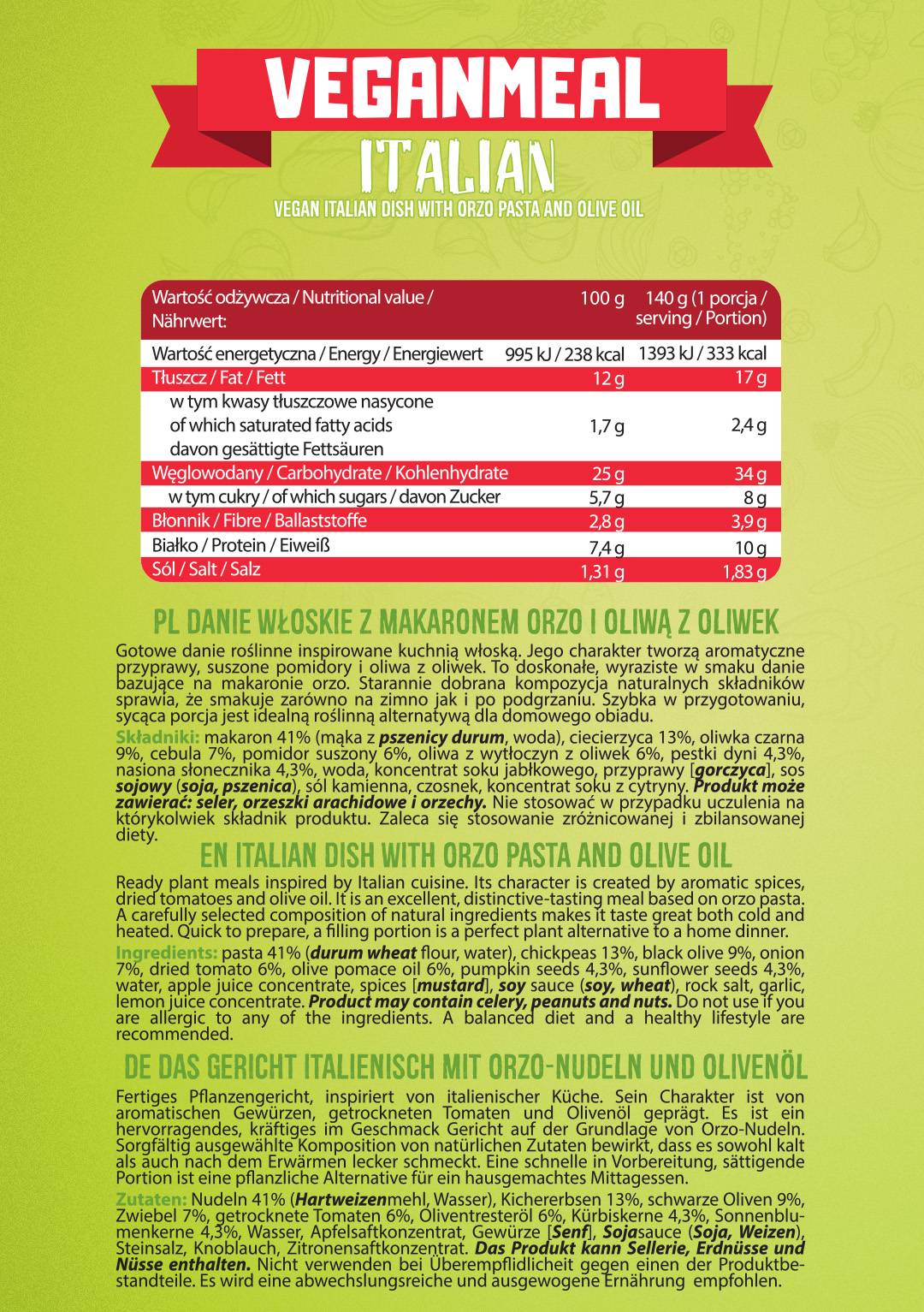 Veganmeal ιταλικό | Έτοιμο για κατανάλωση Γεύμα με υψηλή περιεκτικότητα σε πρωτεΐνες - 280 γραμμάρια