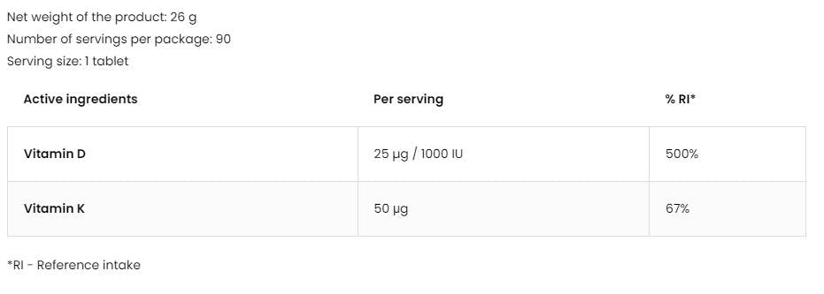 Βιταμίνη D3 1000 IU + K2 50 MCG 90 Δισκία