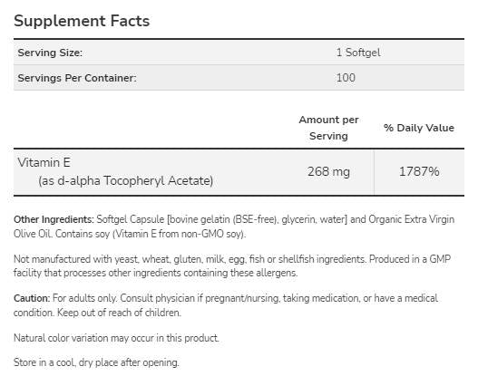 Vitamin E-400 IU D-Alpha - 250 κάψουλες Gel