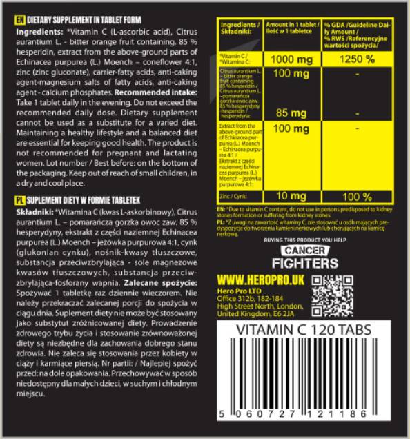 Βιταμίνη C 1000 mg + βιοφλαβονοειδή | με δισκία Echinacea + ψευδάργυρο - 120