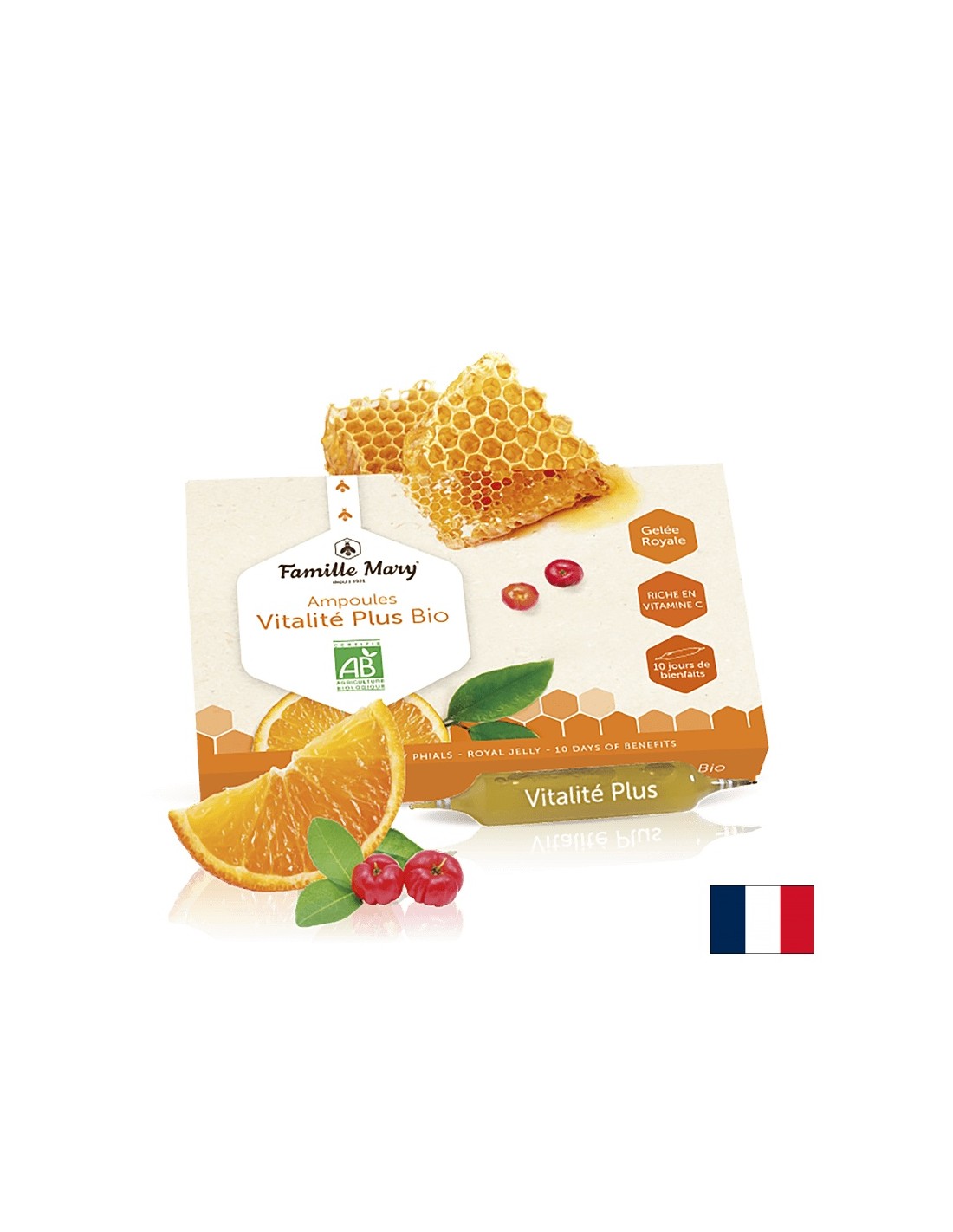 Ampoules vitalité plus bio jus d'orange acerola/vitalité plus bio με βασιλικό ζελέ, πορτοκαλί και acerola, 10 pcs. Famille Mary Πίνοντας αμπούλα